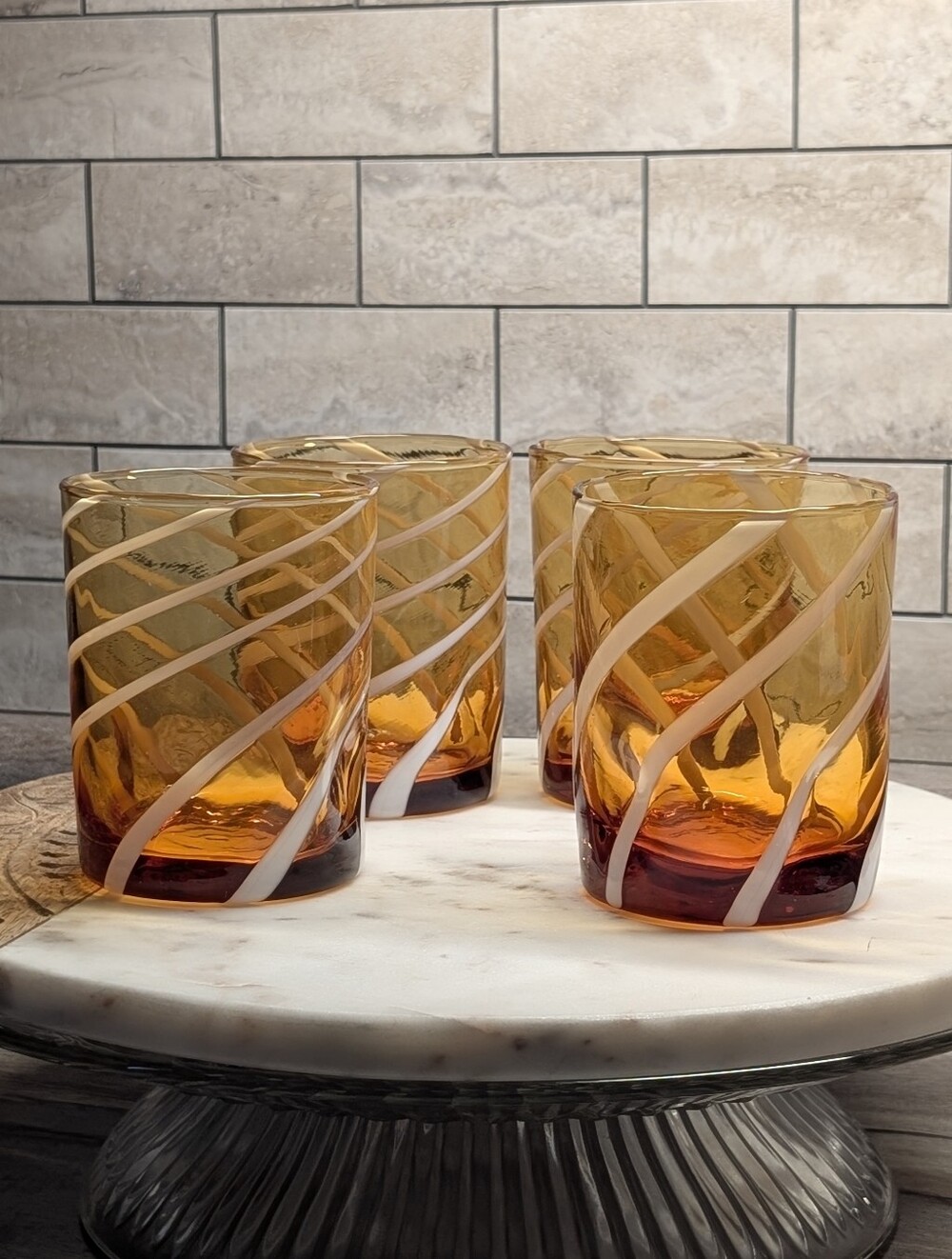 Alessandro Coppola Set of 4 Amber Swirl Murano Glass Tumblers, Made in Italy